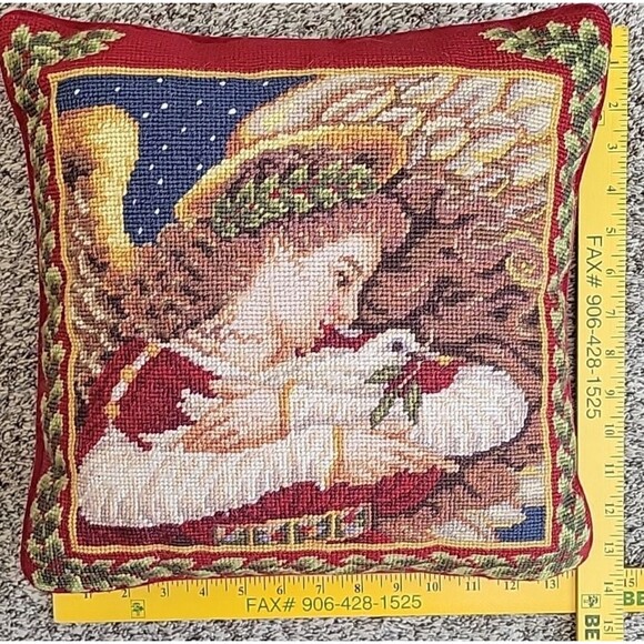 VINTAGE LANDS END Wool Needlepoint Pillow Christmas Angel With Dove Velvet 13" - Picture 3 of 5